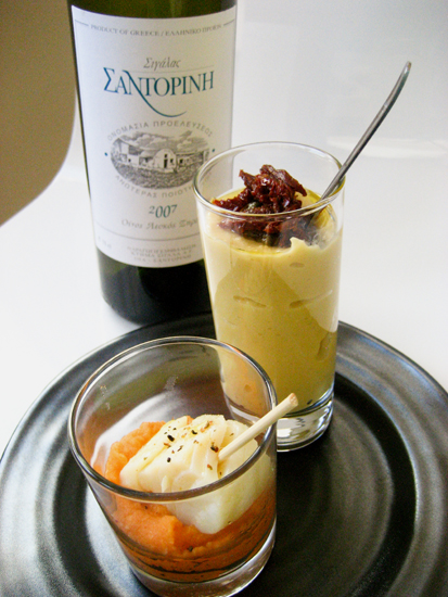 Santorini wine with cod brandade and yellow split pea puree